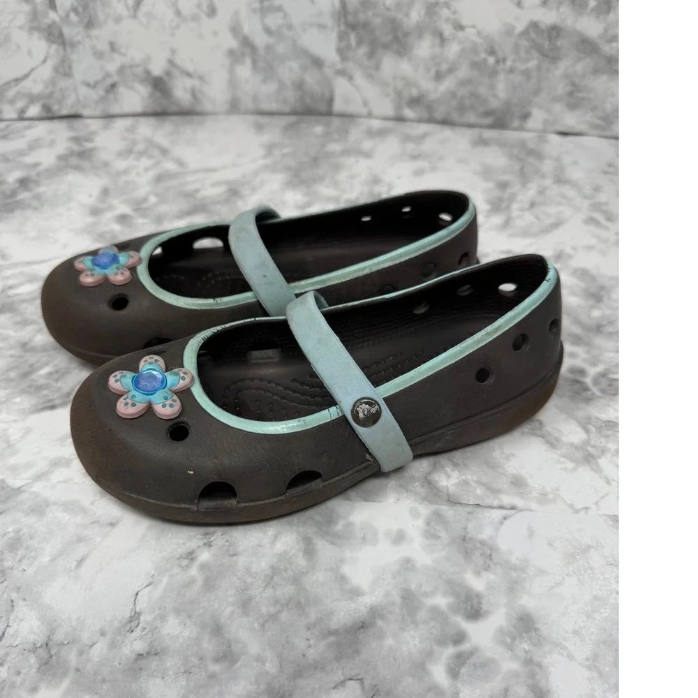 Crocs Mary Jane 💙Brown Blue‎ Flower Jibbitz Girls Youth Size 12 Clog Shoes